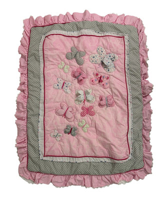 Just Born Antique Chic Pink Gray Butterfly Blanket Quilt Applique Ruffles Girly