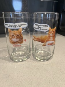 2 Vintage Humorous MORRIS THE CAT 9 Lives Cat Food Tumblers Glasses Libbey Glass