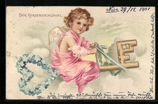 Lithograph Angel Cupid in Pink Dress with Heart Key 