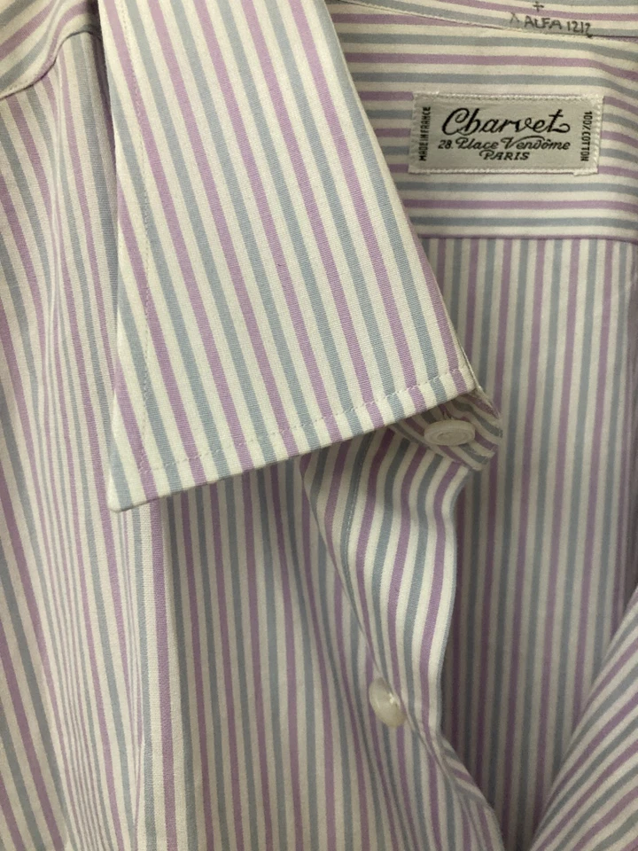 EUC CHARVET Dress Shirt Purple/Blue/White Striped 17.5/44 French Cuffs - Image 4 of 4