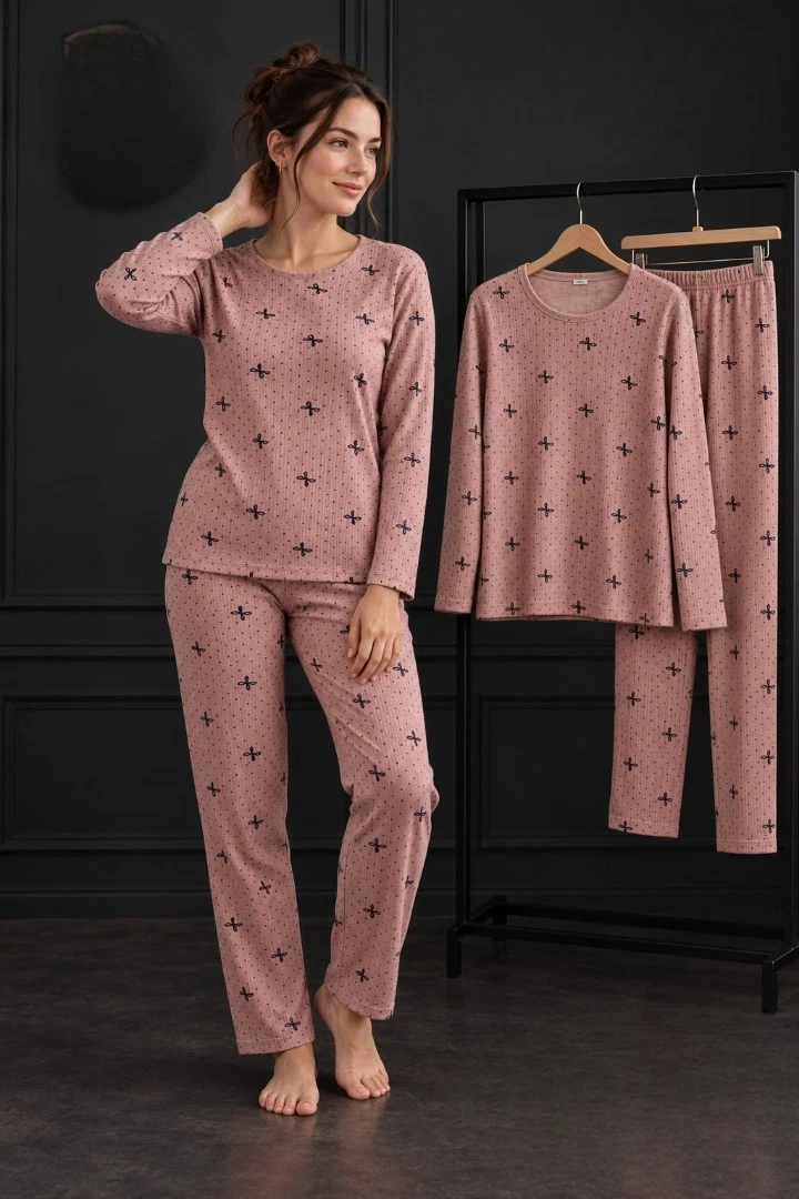 Damen Pyjama Schlafanzug Lang Warm Winter 2-Teiler Set L-88