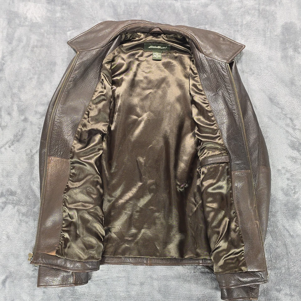 Eddie Bauer Leather Bomber Jacket Mens M Brown Full Zip Casual Motorcycle - Image 3 of 4
