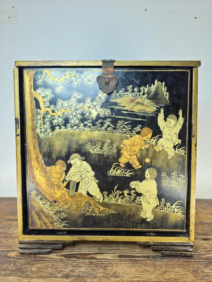 Chinese Antique Lacquer Box, Hundred Boys Motif, Drawers & Lift-Top 14.5"H - Image 4 of 4