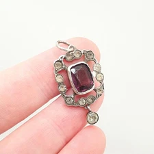 Antique Solid Silver Amethyst & Diamond Paste Pendant Necklace Foiled Pastes