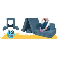 Kids Sofa Modular Soft Play Set Blue Teddy Fabric Small Couch for Bedroom Living