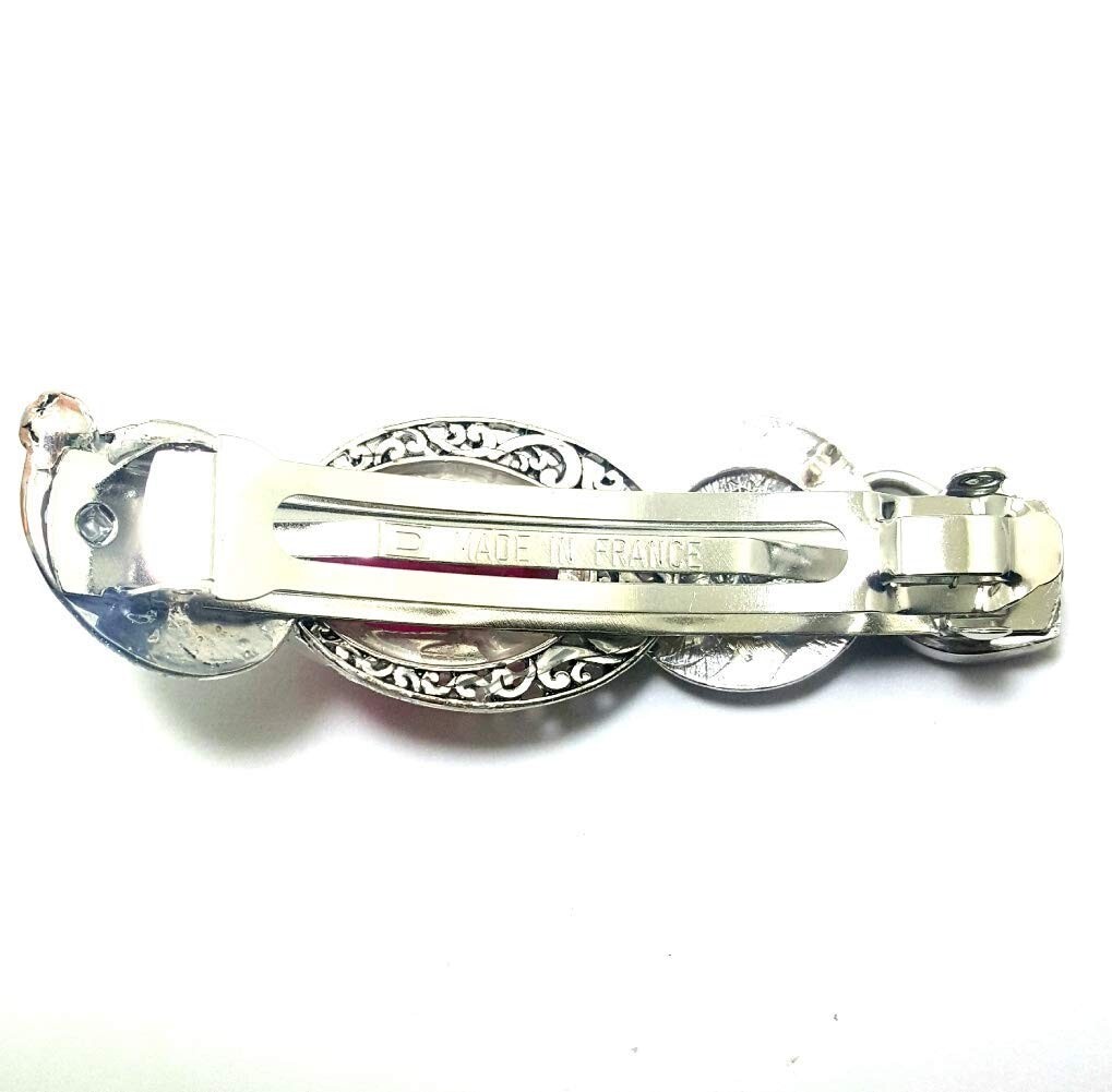 Hot Pink Quartz and Textured Silver Handmade Hair Barrette | Free Shipping - Picture 3 of 3