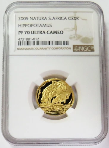 2005 GOLD SOUTH AFRICA 20 RAND NATURA NGC PROOF 70 UC 1/4 OZ HIPPOPOTAMUS COIN 