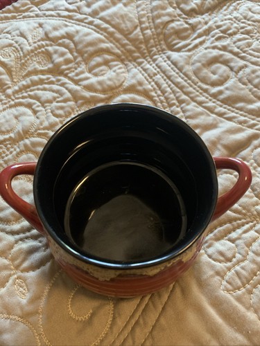 Roscher Stoneware Double Handled Soup Bowl Drip Glazed Brown & Red Great - Picture 2 of 4