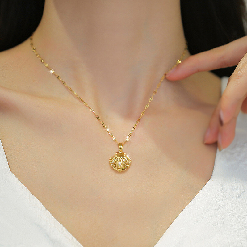 Gold Color Shell Pearl Pendant Necklace Stainless Steel Women Fashion ...