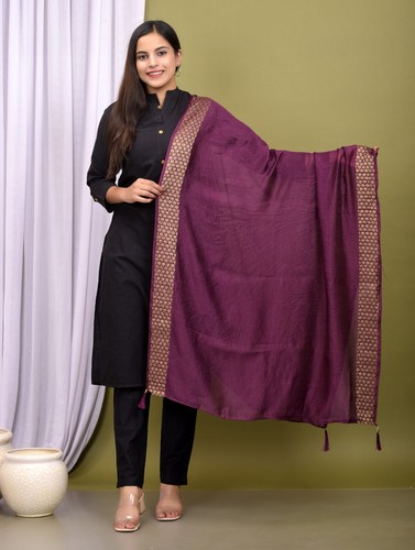 10 PC Lot Woman Chanderi Silk Dupatta Stole Fashion Solid Gold Border Scarf - Picture 3 of 11