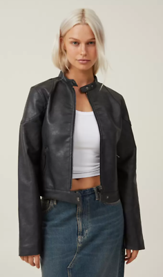 Cotton:On Women's Stretch Faux Leather Moto Jacket Vintage Black