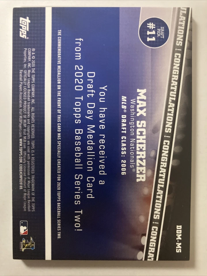 Max Scherzer 2020 Topps Draft Day Commemorative Medallion Card #ddm-ms (4978) - Image 2 of 2