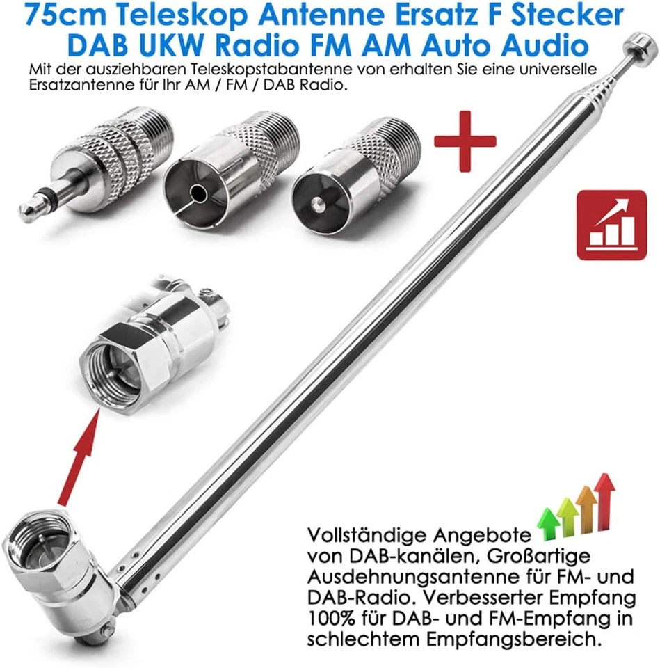 Antenna Radio DAB FM, Sostituzione Antenna Telescopica Da 75Ohm Maschio Spina F - Immagine 2 di 4
