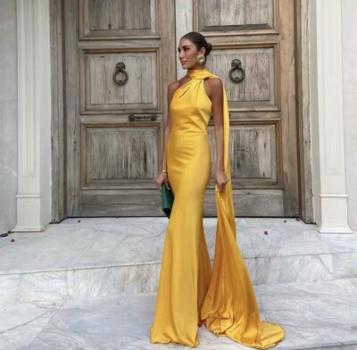 Yellow Maxi Wedding Guest Satin Dress, Long Halter Evening Gown Wedding Party