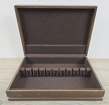 Vintage Walnut Color w/ Brown Felt 12 Place Setting Silverware Chest Storage Box
