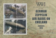 WWI 1915 GERMAN ZEPPELIN Air Raids on England Stamp Sheet (2014 Mustique)