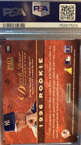 DEREK JETER 1996 SELECT CERTIFIED #100 YANKEES HOF NM or better - Picture 2 of 3