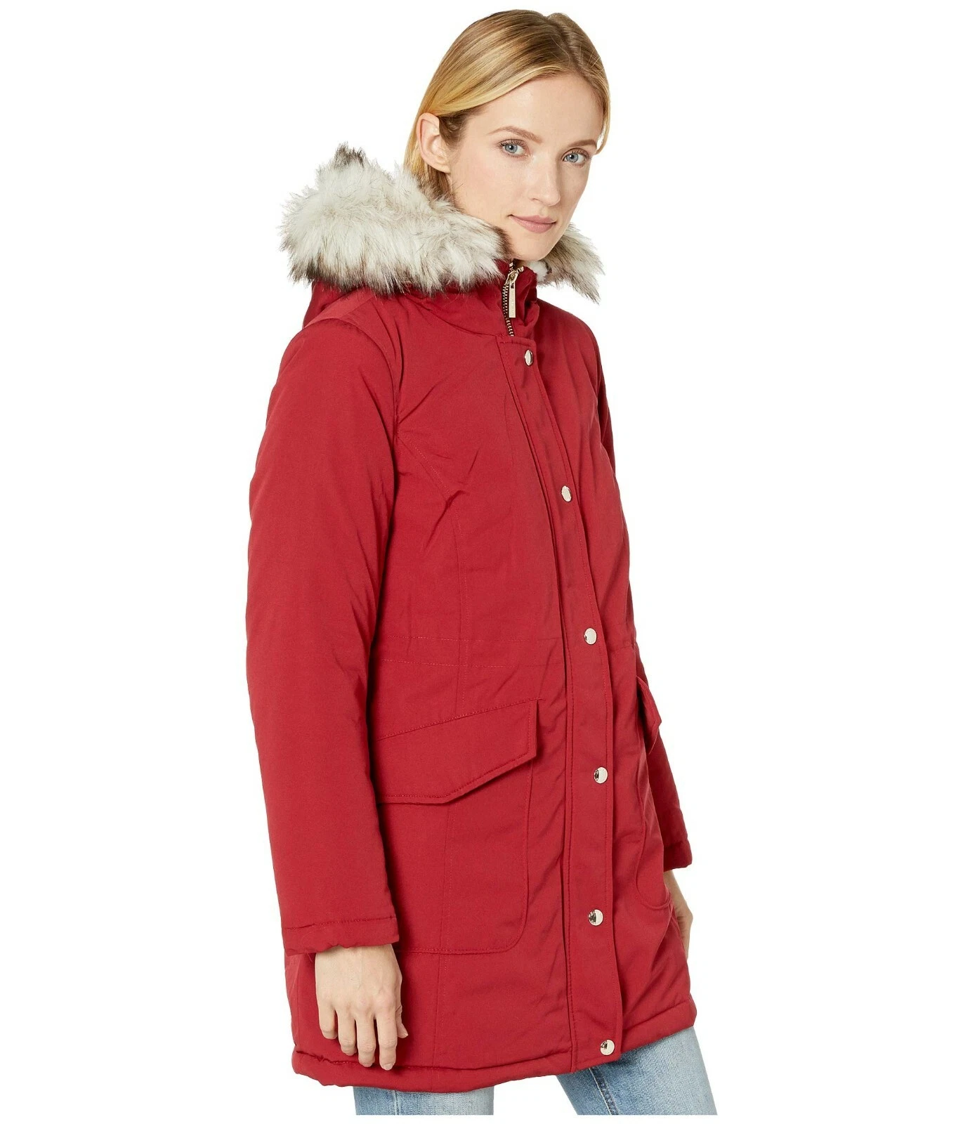 MICHAEL KORS Cappotto Giacca Parka Donna Polyfill Anorak Rosso con Cappuccio Pelliccia Ecopelliccia Tg M