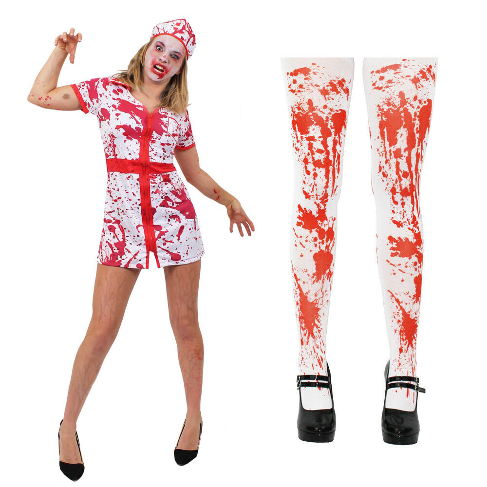 DISFRAZ DE ENFERMERA SANGRIENTA HALLOWEEN DISFRAZ MÁS SOMBRERO Y MEDIAS MANCHADAS DE SANGRE
