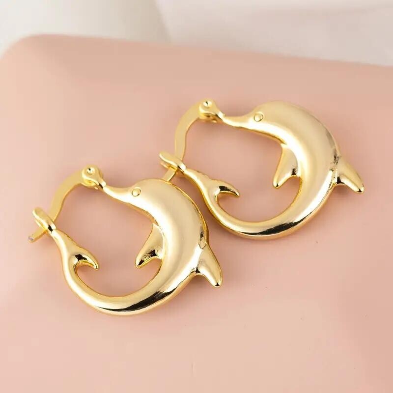 Golden Dolphin Copper Earrings 24K Gold Plated Fashion Women Girl Classic Gift