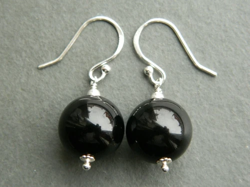 Large 14mm Black Onyx Gemstones & Silver Drop Elegant Handmade Earrings - Picture 13 of 13