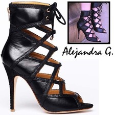Black laced Alejandra G Wanda Black Leather Snake Stiletto Heel Sandals Pump 37