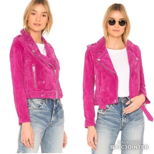 BNWT- RIVER ISLAND - UK 12 - 100% Real Leather Suede Biker Jacket -BARBIE Pink - 第 5/7 張圖片