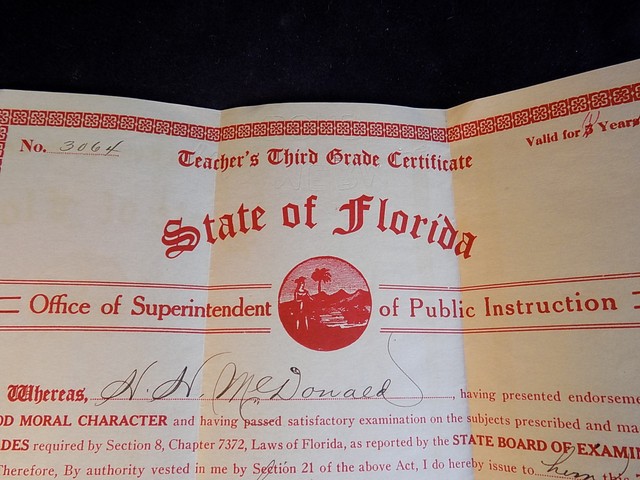 Antique TEACHING CERTIFICATE State of Florida 1921 3rd Grade w ...
