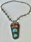VTG.STERLING SILVER NAVAJO OLD PAWN RARE CORAL TURQUOISE NECKLACE AMAZING 46.8gr — photo 1