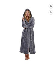 Soft Hooded Long Plush Robe Warm Gift w/ Pockets Size M Gray