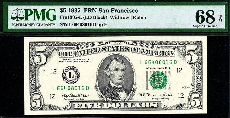 1995 $5 San Francisco Federal Reserve 1985-L • PMG 68 EPQ • TOP POP LD Block 1/0 - Image 2 of 3