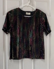 VTG Rainbow Sequin Black Top L-XL Glam Colorful Party Velvet L