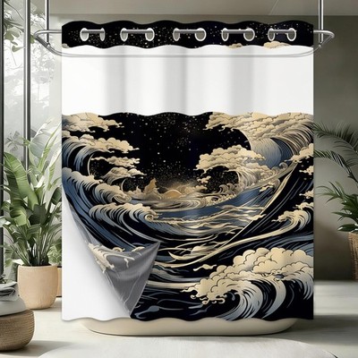 Anime Hookless Shower Curtain with Snap in Liner, Japanese Great Waves No Hoo...