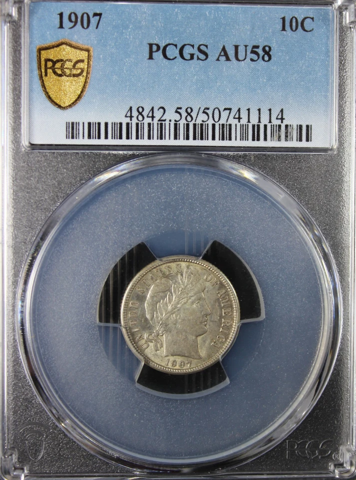 1907 AU58 理发师一角钱,PCGS 50741114 — 第 3/4 张图片