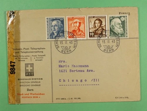 DR WHO 1943 SWITZERLAND FDC? SEMI POST PRO JUVENTUTE TO USA WWII CENSORED R39404