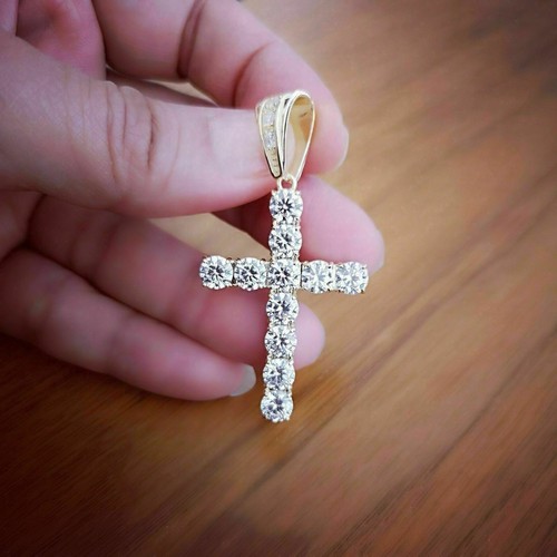 Men's Cross Pendant 2Ct Round Diamond Created 14K Yellow Gold Plated Free Chain - Picture 2 of 6