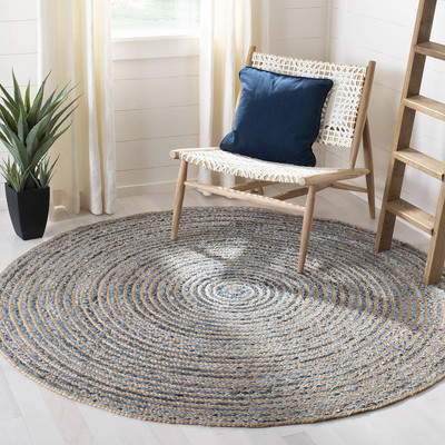 Cape Cod Collection Area Rug - 5' Round, Natural & Blue, Handmade Flat Weave Jut