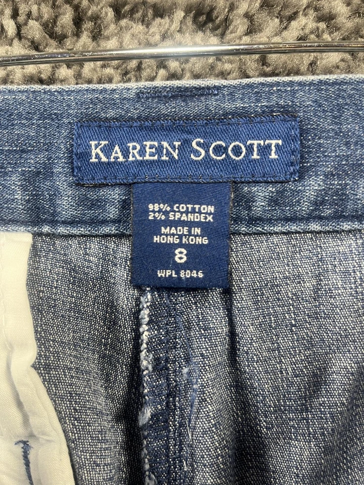 Pantalones cortos de mezclilla para mujer Karen Scott hasta la rodilla talla 8 con cinturón blanco ajustable Foto 2 de 4