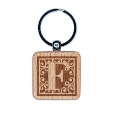 Monogram Swirls Capital Letter F Engraved Wood Square Keychain Tag Charm