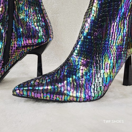 Sharp Black Oil Slick Hologram Snake Print High Heel Kniestiefel - Bild 8 von 12
