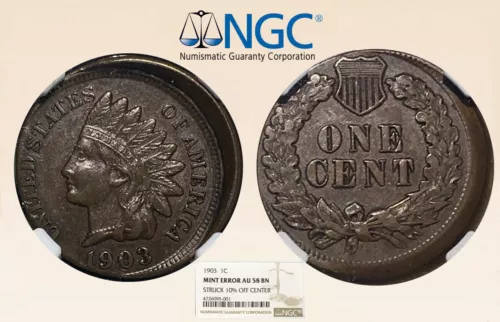 1903 1C Indian NGC AU58 10% O/C Mint Error - RicksCafeAmerican.com