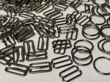 Bra Lingerie Adjustable Metal Sliders Rings Hooks, Gun Black Metal, 10mm & 15mm 