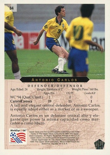 Antonio Carlos Brazil Upper Deck #84 World Cup USA '94 Soccer Sport Card - Picture 2 of 2