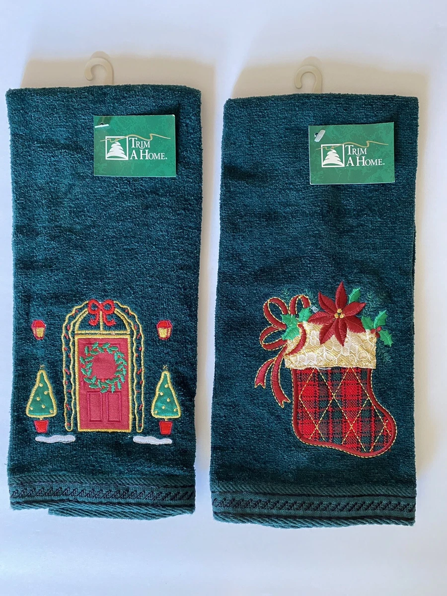 Lot 2 Vintage Trim A Home Christmas Hand Towels Green Holiday