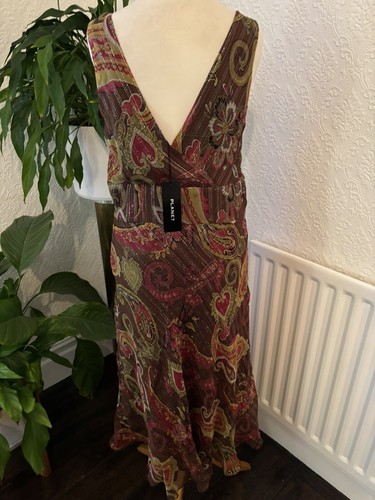 Planet Brown & Red Silk Paisley Dress With Gold Thread Size 12 BNWT - Picture 6 of 10