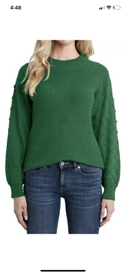 $89 CeCe Puff Sleeve Bobble Ribbed Alpine Green Sweater Polka Dot Textured XS