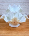 Vintage Fenton Hobnail White Milk Glass 3 Horn Epergne Vase Ruffled Bowl
