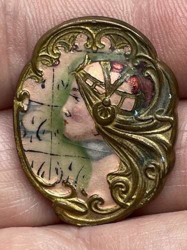 Antique Art Nouveau Side Profile Woman Portrait Ornate Hand Painted Brass Brooch