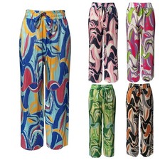 Women s Loose Summer Trousers with Elastic Waist, Colorful Pattern