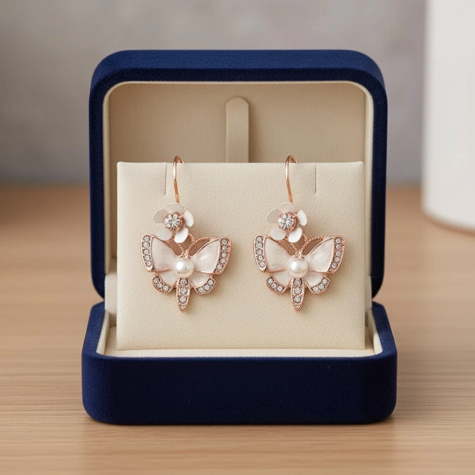 Pendientes colgantes Betsey Johnson oro rosa mariposa regalo perfecto para ella Foto 2 de 4